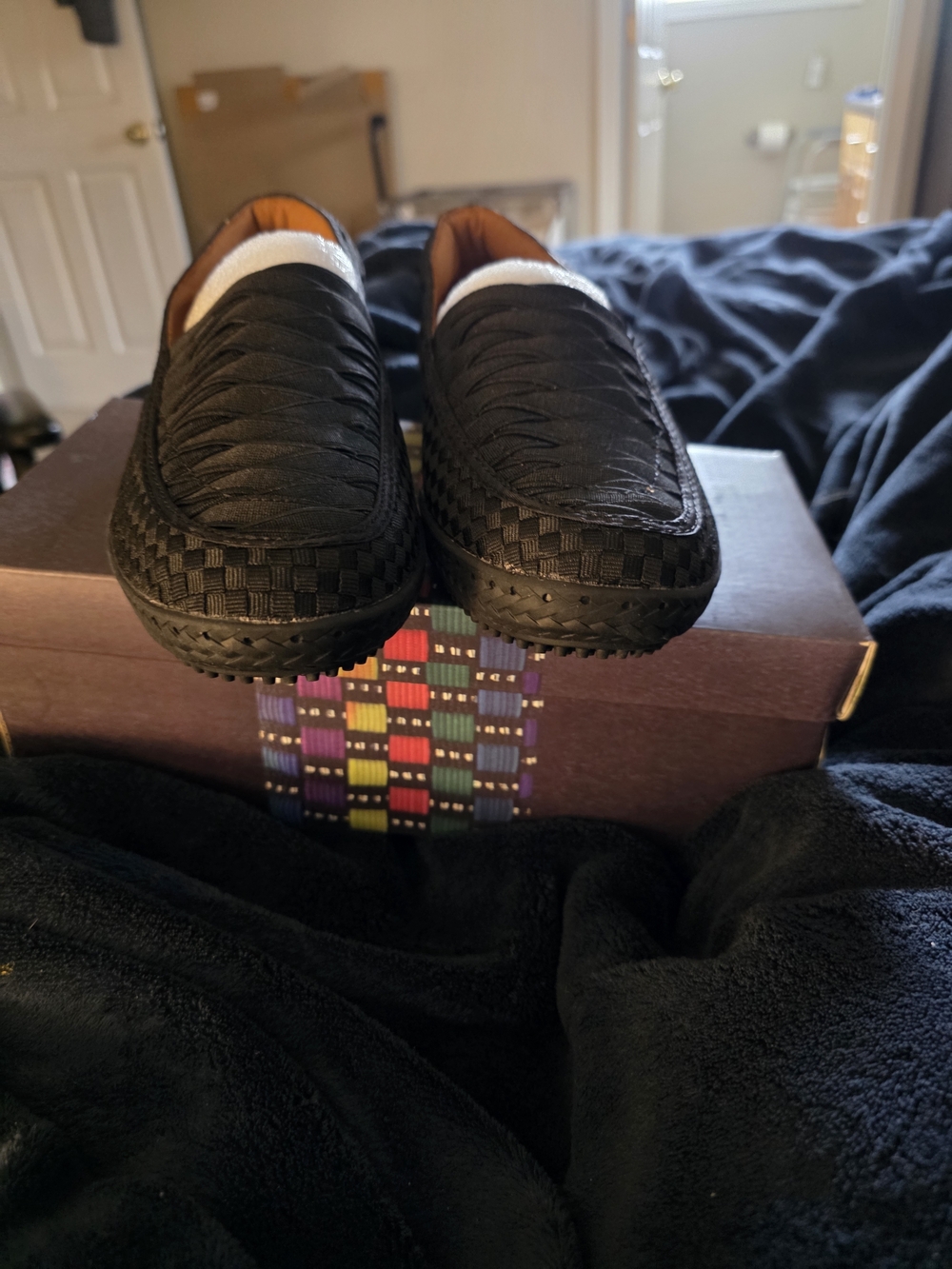 bernie mev. Black Woven Slip-On Loafers